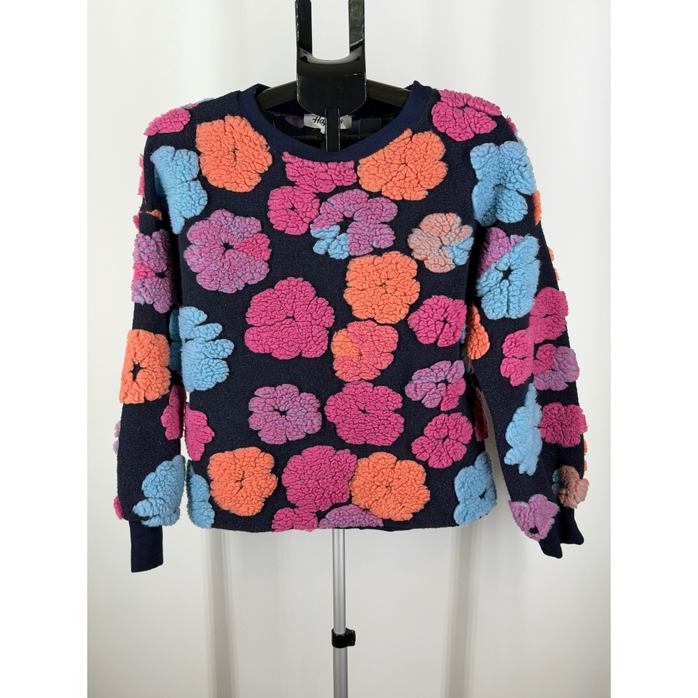 Haptics Holly Harper Floral 3D Popcorn Fleece Sweatshirt Navy Blue Pink Small